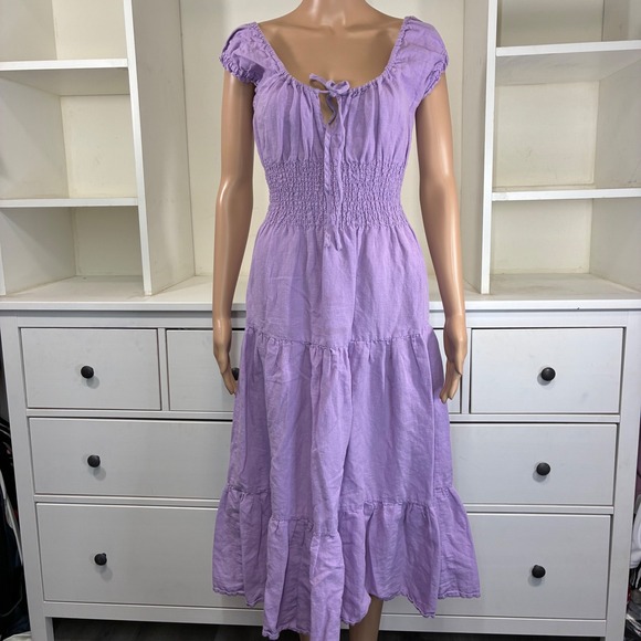 BDG Urban Outfitters Dresses & Skirts - BDG Urban Outfitters Lavender Smocked Tiered Midi Dress Puff Sleeve Tie Neck XS